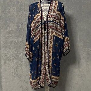 HeartSoul Kimono Cardigan Womens L Blue Red Floral Short Sleeve Swim Cover Up